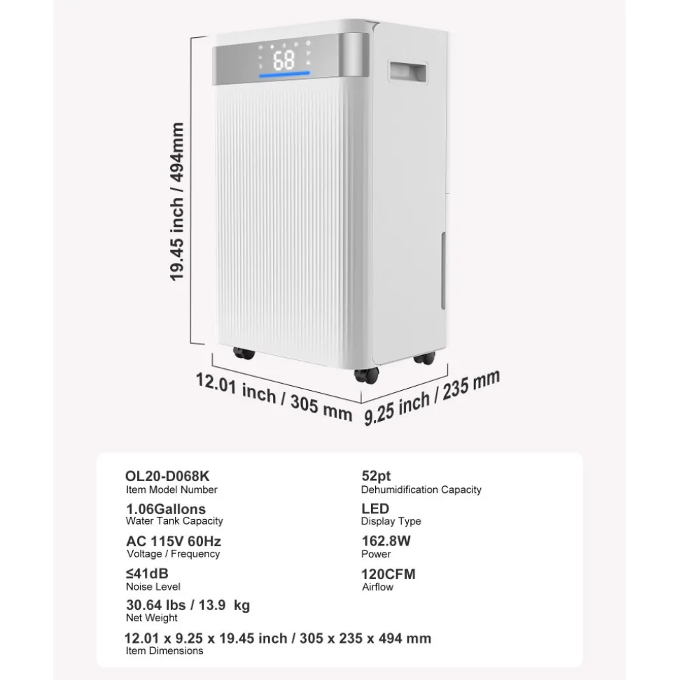 VEVOR 35 Pints Dehumidifier for Home & Basement, Drain Hose for Commercial & Industrial Use, Smart Humidity Control, Low Noise for Large Rooms, Warehouses, Bedrooms & Storage, Large Coverage,White