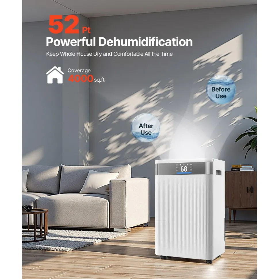 VEVOR 35 Pints Dehumidifier for Home & Basement, Drain Hose for Commercial & Industrial Use, Smart Humidity Control, Low Noise for Large Rooms, Warehouses, Bedrooms & Storage, Large Coverage,White