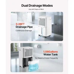 VEVOR 35 Pints Dehumidifier for Home & Basement, Drain Hose for Commercial & Industrial Use, Smart Humidity Control, Low Noise for Large Rooms, Warehouses, Bedrooms & Storage, Large Coverage,White