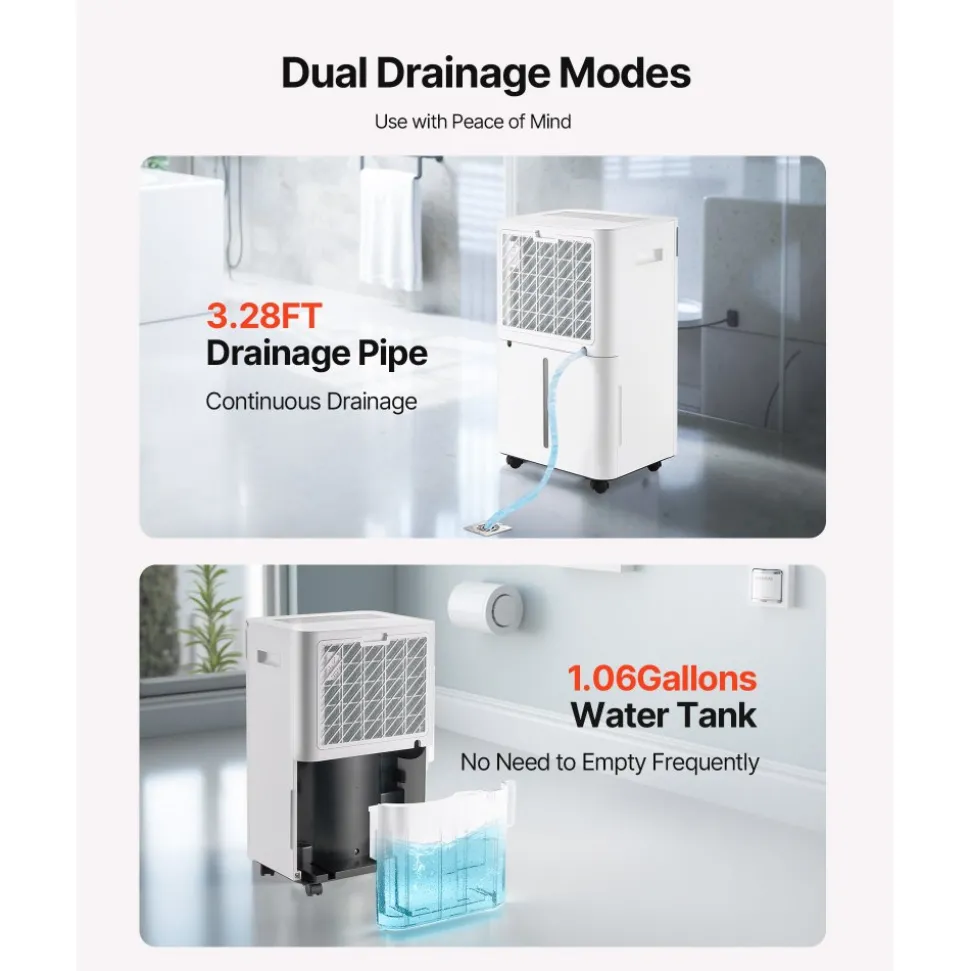 VEVOR 35 Pints Dehumidifier for Home & Basement, Drain Hose for Commercial & Industrial Use, Smart Humidity Control, Low Noise for Large Rooms, Warehouses, Bedrooms & Storage, Large Coverage,White