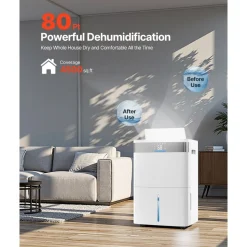 VEVOR 80 Pints Dehumidifier for Home & Basement, Drain Hose for Commercial & Industrial Use, Smart Humidity Control, Low Noise for Large Rooms, Warehouses, Bedrooms & Storage, Large Coverage,White