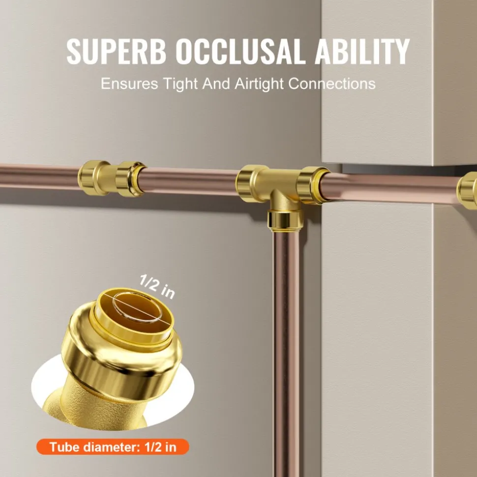 VEVOR Pipe Fittings, 1/2" 12PCS Brass Pipe Fittings, Straight-Through Push-Fit Pipe Connector Brass Air Fittings, Heavy Duty Plumbing Fittings Adapter for Heating/Shower Systems, Water Pipes
