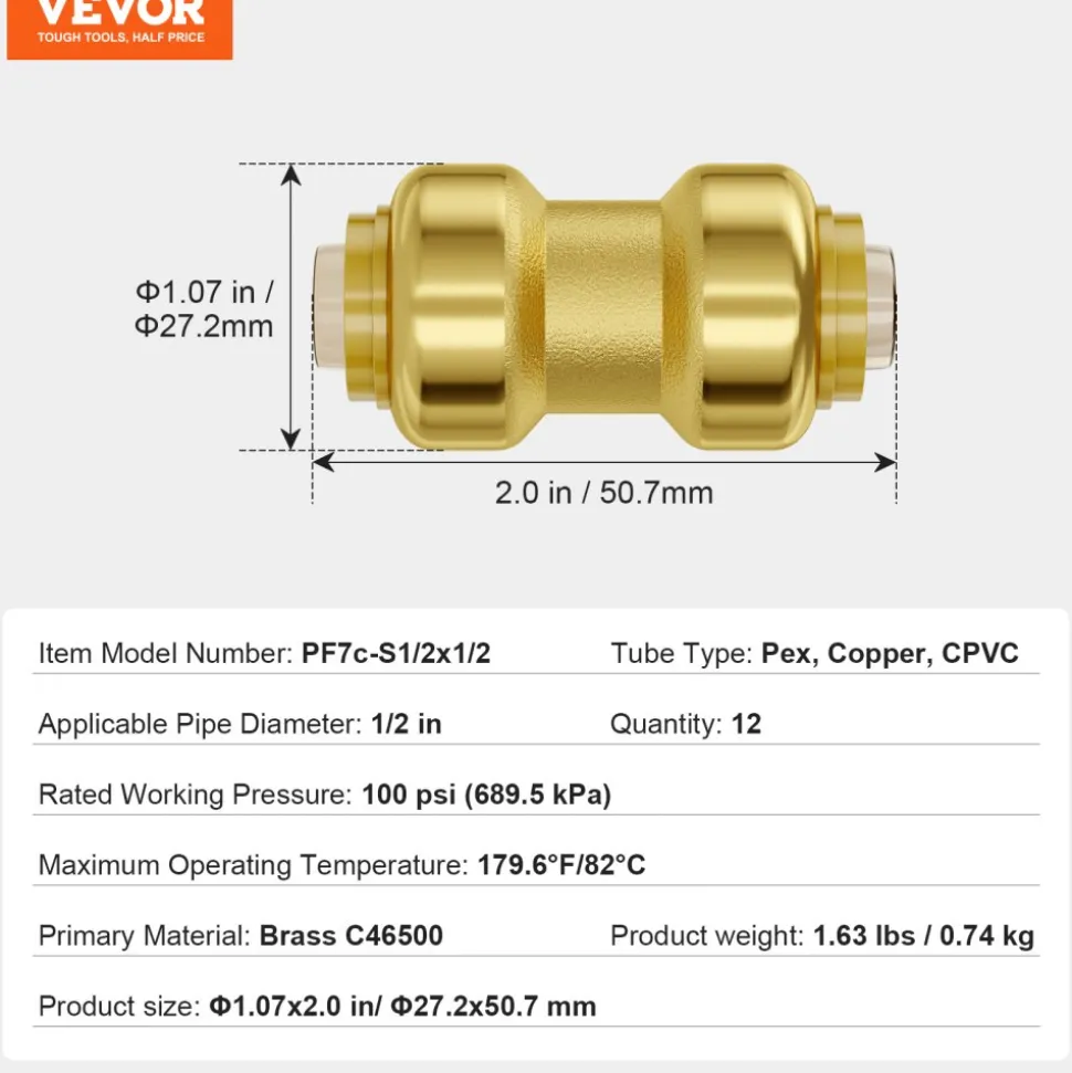 VEVOR Pipe Fittings, 1/2" 12PCS Brass Pipe Fittings, Straight-Through Push-Fit Pipe Connector Brass Air Fittings, Heavy Duty Plumbing Fittings Adapter for Heating/Shower Systems, Water Pipes