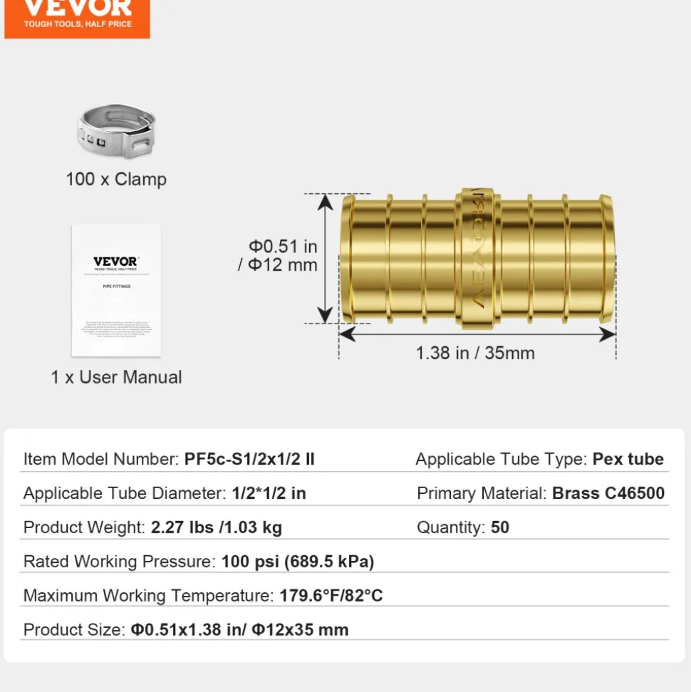 VEVOR Pipe Fittings, 1/2" 12PCS Brass Pipe Fittings, Elbow Push-Fit Pipe Connector Brass Air Fittings, Heavy Duty Plumbing Fittings Adapter for Heating/Shower Systems, Water Pipes