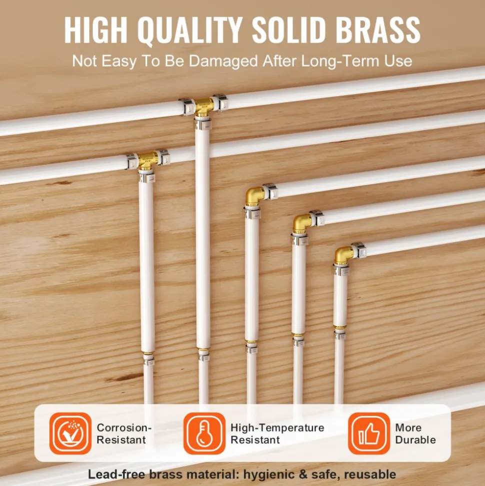 VEVOR Pipe Fittings, 1/2"-3/4" 12PCS Brass Pipe Fittings, Straight-Through Push-Fit Pipe Connector Brass Air Fittings, Heavy Duty Plumbing Fittings Adapter for Heating/Shower Systems,Water Pipes