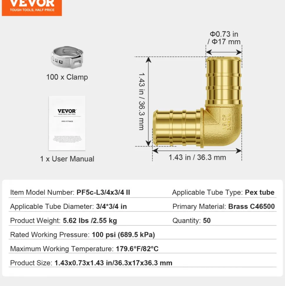 VEVOR Pipe Fittings, 3/4" 50PCS Brass Pipe Fittings, Clamp-style Elbows Pipe Connector Brass Air Fittings, Heavy Duty Plumbing Fittings Tube Adapter for Heating/Shower Systems,Outdoor Water Pipes