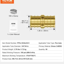 VEVOR Pipe Fittings, 1/2"-3/4" 50PCS Brass Pipe Fittings, Clamp-style 1/2 NPT Internal Thread Pipe Connector Brass Air Fittings, Heavy Duty Plumbing Fittings NPT Adapter for Heating/Shower Systems, Water Pipes