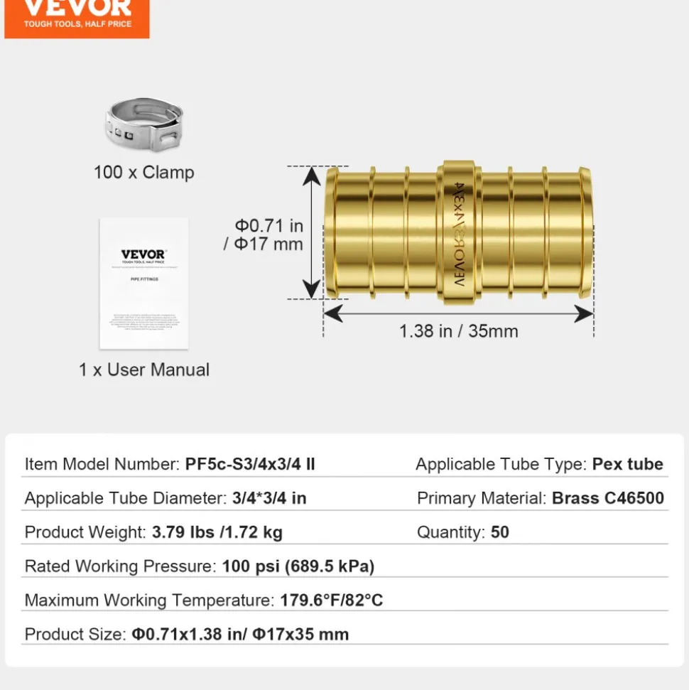 VEVOR Pipe Fittings, 1/2"-3/4" 50PCS Brass Pipe Fittings, Clamp-style 1/2 NPT Internal Thread Pipe Connector Brass Air Fittings, Heavy Duty Plumbing Fittings NPT Adapter for Heating/Shower Systems, Water Pipes