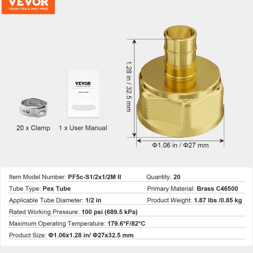 VEVOR Pipe Fittings, 1/2" 20PCS Brass Pipe Fittings, Clamp-style 1/2 NPT Internal Thread Pipe Connector Brass Air Fittings, Heavy Duty Plumbing Fittings NPT Adapter for Heating/Shower Systems, Water Pipes