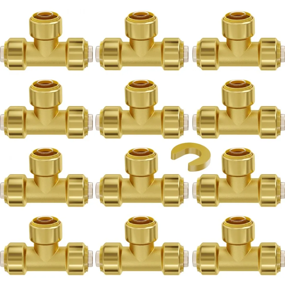 VEVOR Pipe Fittings, 1/2" 12PCS Tee Brass Pipe Fittings, Push-Fit Pipe Connector Brass Air Fittings, Heavy Duty Plumbing Fittings Adapter for Heating/Shower Systems, Water Pipes