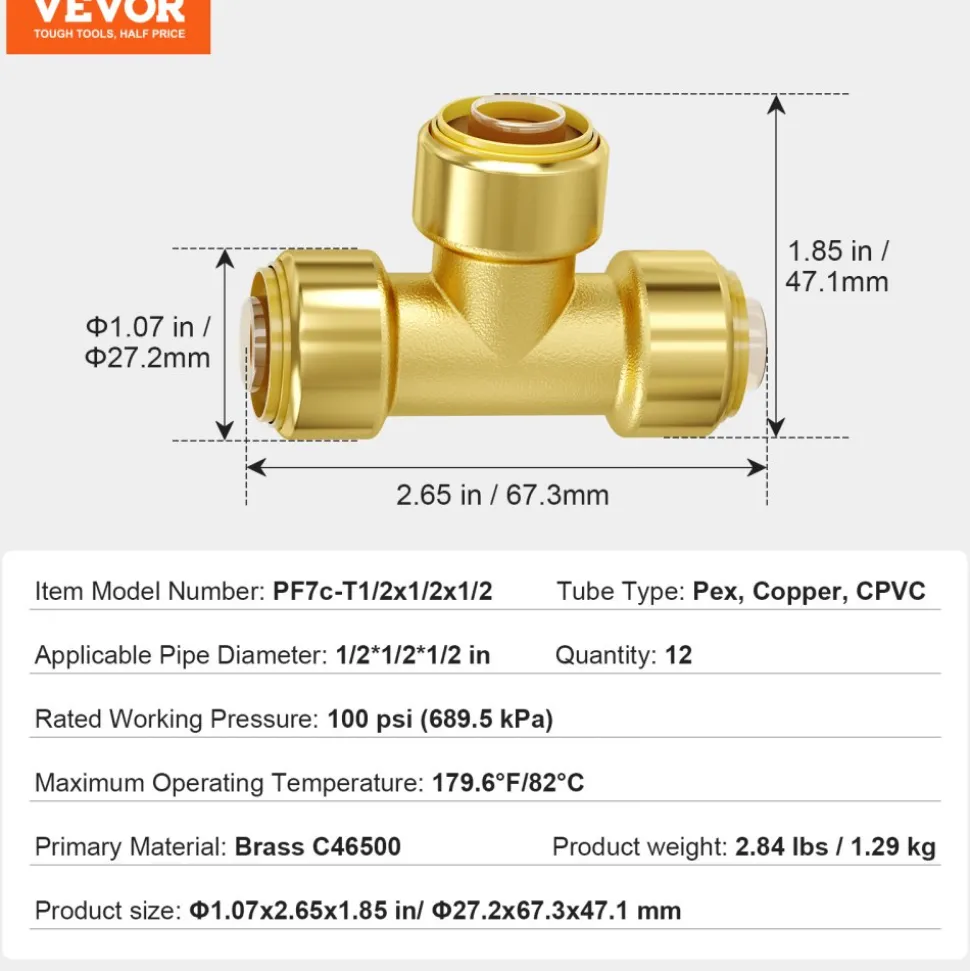 VEVOR Pipe Fittings, 1/2" 12PCS Tee Brass Pipe Fittings, Push-Fit Pipe Connector Brass Air Fittings, Heavy Duty Plumbing Fittings Adapter for Heating/Shower Systems, Water Pipes