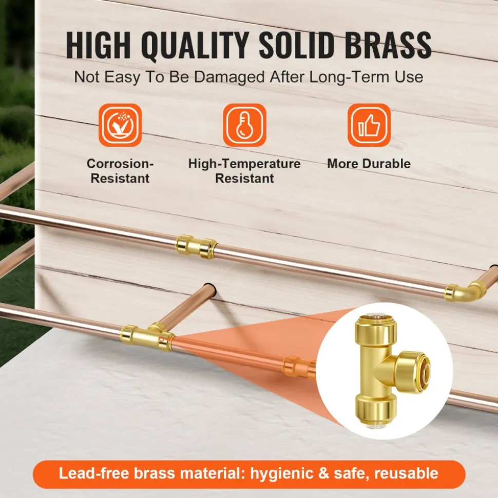 VEVOR Pipe Fittings, 1/2" 12PCS Tee Brass Pipe Fittings, Push-Fit Pipe Connector Brass Air Fittings, Heavy Duty Plumbing Fittings Adapter for Heating/Shower Systems, Water Pipes