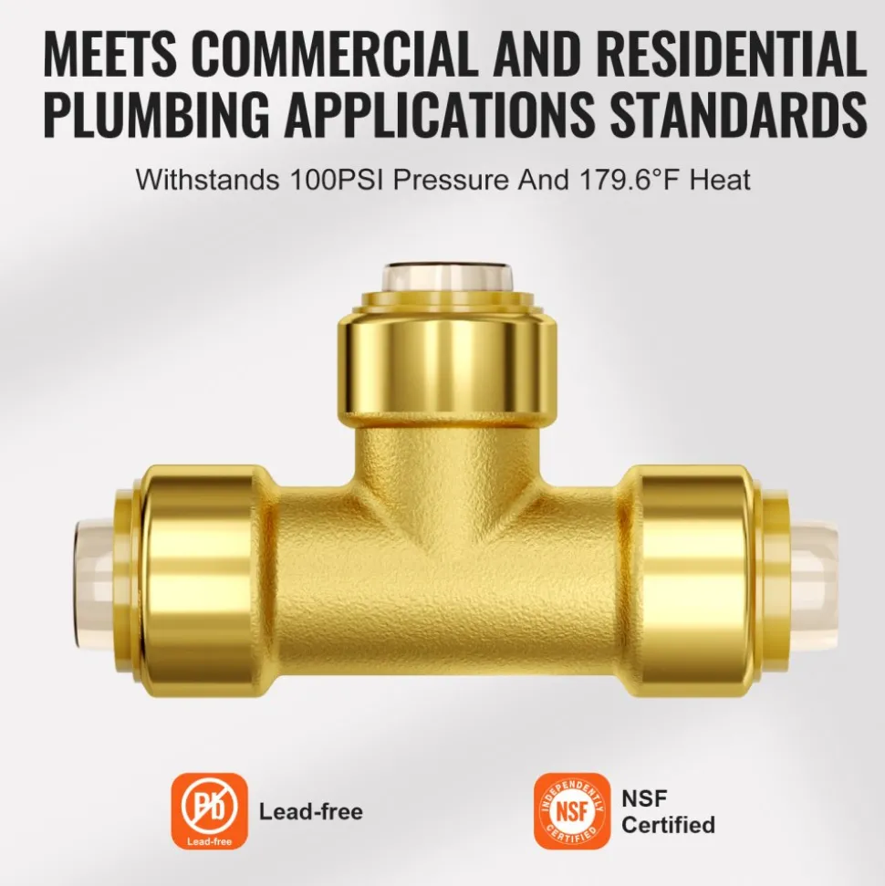 VEVOR Pipe Fittings, 1/2" 12PCS Tee Brass Pipe Fittings, Push-Fit Pipe Connector Brass Air Fittings, Heavy Duty Plumbing Fittings Adapter for Heating/Shower Systems, Water Pipes