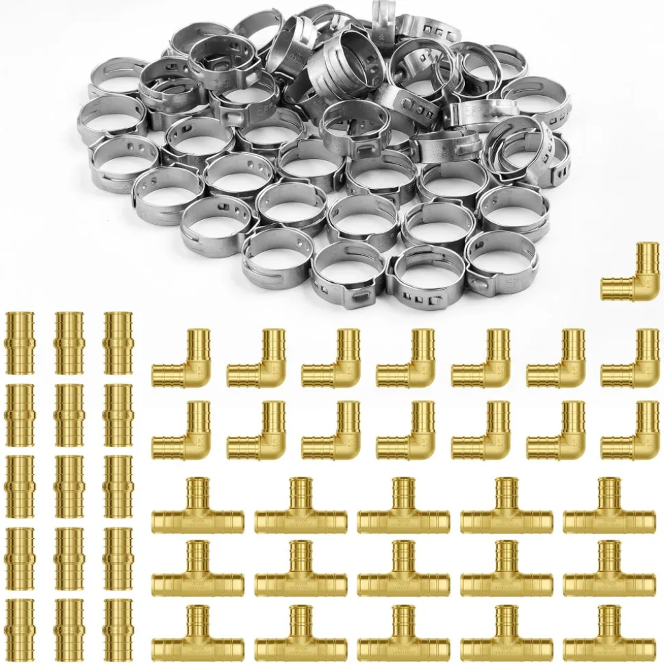 VEVOR Pipe Fittings, 1/2" 45PCS (15xStraight, 15xElbows, 15xTees) Brass Pipe Fittings, Push-Fit Pipe Connector Brass Air Fittings, Plumbing Fittings Adapter for Heating/Shower Systems, Water Pipes