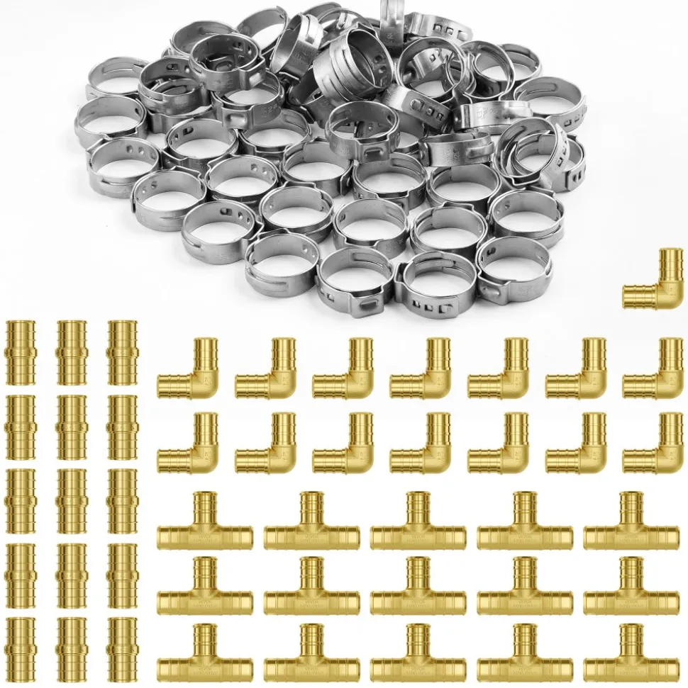 VEVOR Pipe Fittings, 1/2" 45PCS (15xStraight, 15xElbows, 15xTees) Brass Pipe Fittings, Push-Fit Pipe Connector Brass Air Fittings, Plumbing Fittings Adapter for Heating/Shower Systems, Water Pipes