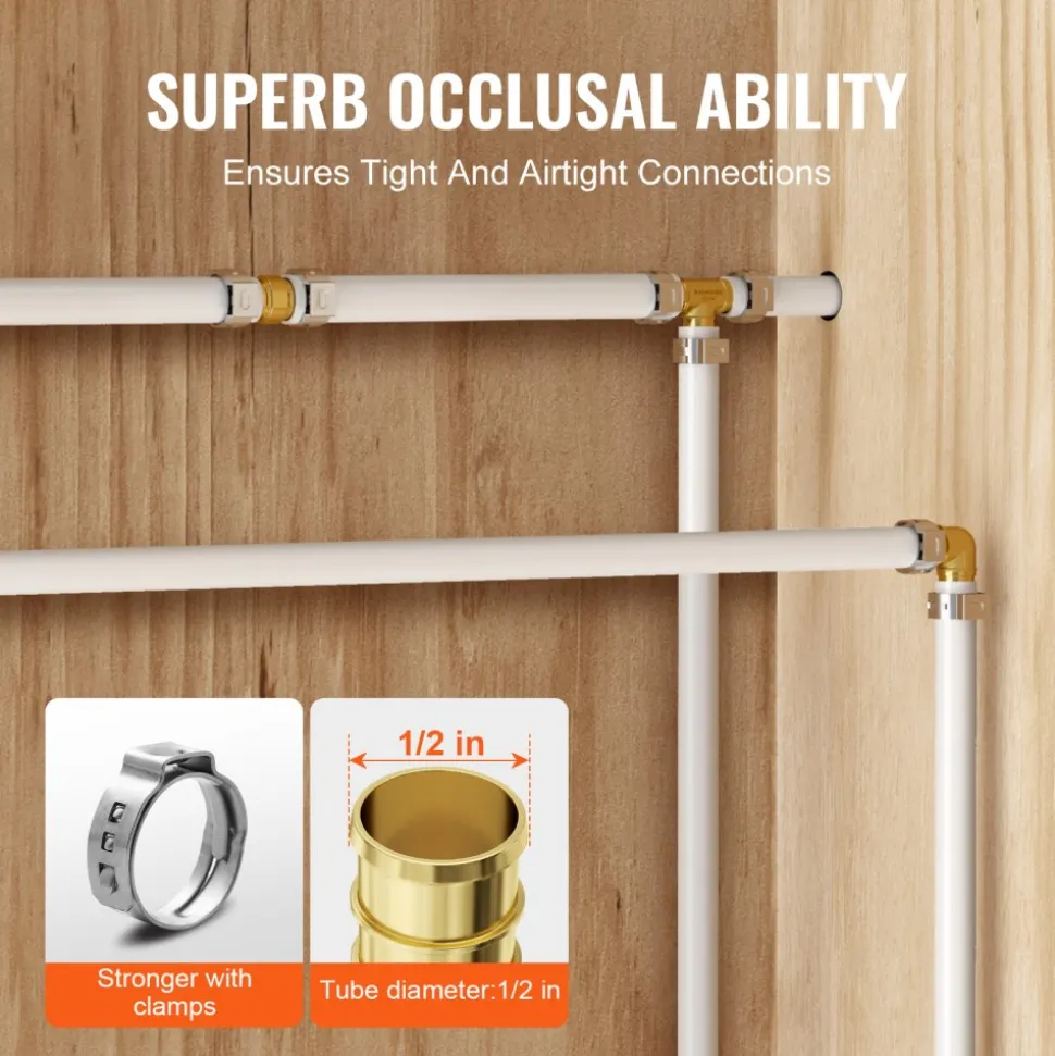VEVOR Pipe Fittings, 1/2" 45PCS (15xStraight, 15xElbows, 15xTees) Brass Pipe Fittings, Push-Fit Pipe Connector Brass Air Fittings, Plumbing Fittings Adapter for Heating/Shower Systems, Water Pipes