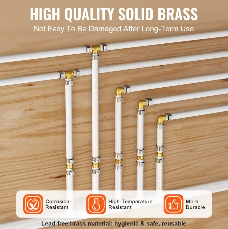 VEVOR Pipe Fittings, 1/2" 45PCS (15xStraight, 15xElbows, 15xTees) Brass Pipe Fittings, Push-Fit Pipe Connector Brass Air Fittings, Plumbing Fittings Adapter for Heating/Shower Systems, Water Pipes