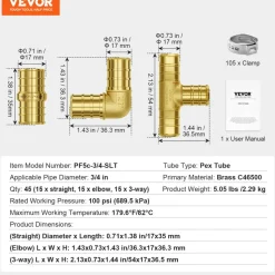 VEVOR Pipe Fittings, 3/4" 45PCS (15xStraight, 15xElbows, 15xTees) Brass Pipe Fittings, Push-Fit Pipe Connector Brass Air Fittings, Plumbing Fittings Adapter for Heating/Shower Systems, Water Pipes