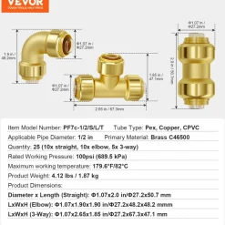 VEVOR Pipe Fittings, 1/2" 25PCS (10xStraight, 10xElbows, 5xTees) Brass Pipe Fittings, Push-Fit Pipe Connector Brass Air Fittings, Plumbing Fittings Adapter for Heating/Shower Systems, Water Pipes