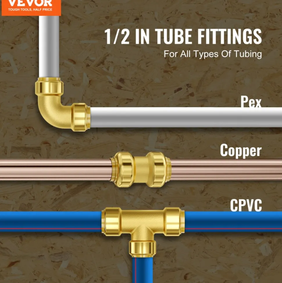 VEVOR Pipe Fittings, 1/2" 25PCS (10xStraight, 10xElbows, 5xTees) Brass Pipe Fittings, Push-Fit Pipe Connector Brass Air Fittings, Plumbing Fittings Adapter for Heating/Shower Systems, Water Pipes