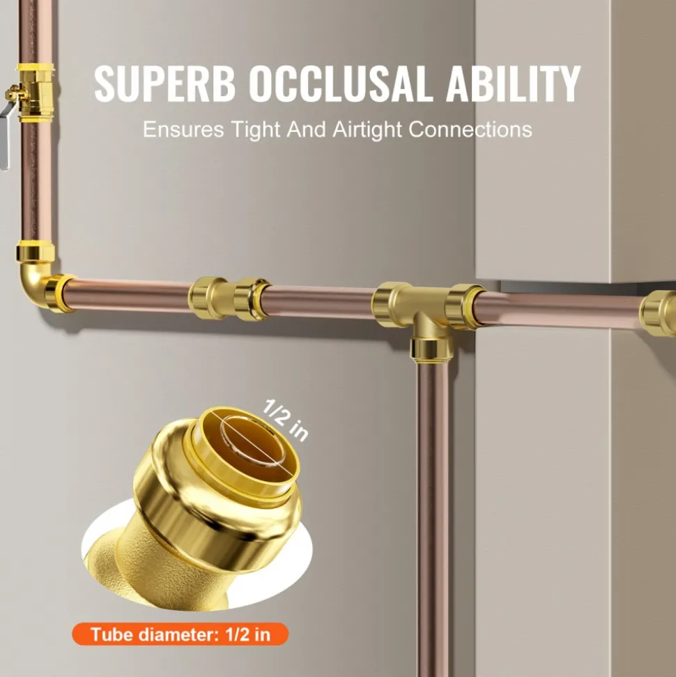 VEVOR Pipe Fittings, 1/2" 25PCS (10xStraight, 10xElbows, 5xTees) Brass Pipe Fittings, Push-Fit Pipe Connector Brass Air Fittings, Plumbing Fittings Adapter for Heating/Shower Systems, Water Pipes