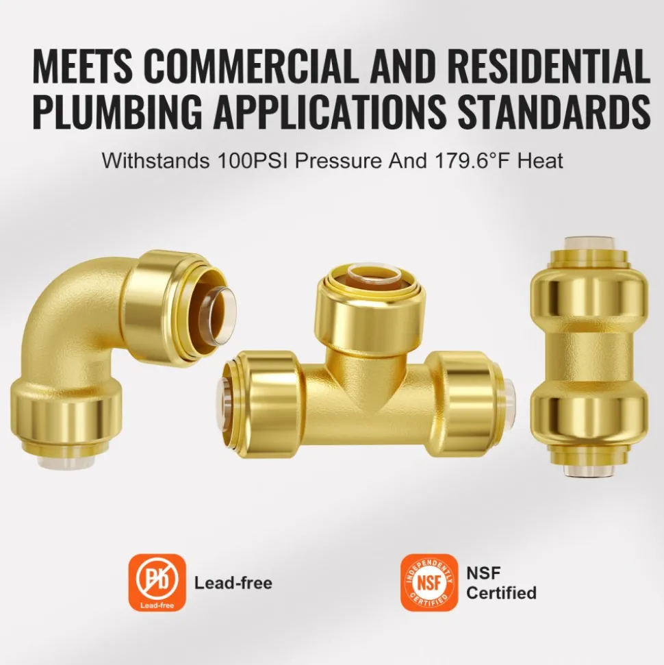 VEVOR Pipe Fittings, 1/2" 25PCS (10xStraight, 10xElbows, 5xTees) Brass Pipe Fittings, Push-Fit Pipe Connector Brass Air Fittings, Plumbing Fittings Adapter for Heating/Shower Systems, Water Pipes