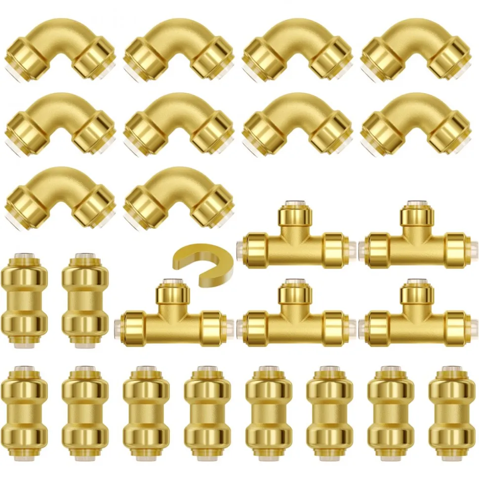 VEVOR Pipe Fittings, 1/2" 25PCS (10xStraight, 10xElbows, 5xTees) Brass Pipe Fittings, Push-Fit Pipe Connector Brass Air Fittings, Plumbing Fittings Adapter for Heating/Shower Systems, Water Pipes
