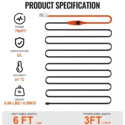 VEVOR Pipe Heating Cable, 6FT 7W/FT Heat Tape for Pipes with Built-in Thermostat, Water Pipe Heat Cable Protects PVC Hose, Metal and Plastic Pipe from Freezing