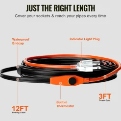 VEVOR Pipe Heating Cable, 12FT 7W/FT Heat Tape for Pipes with Built-in Thermostat, Water Pipe Heat Cable Protects PVC Hose, Metal and Plastic Pipe from Freezing
