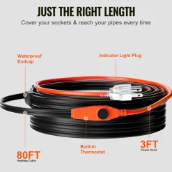 VEVOR Pipe Heating Cable, 80FT 7W/FT Heat Tape for Pipes with Built-in Thermostat, Water Pipe Heat Cable Protects PVC Hose, Metal and Plastic Pipe from Freezing