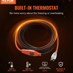 VEVOR Pipe Heating Cable, 30FT 7W/FT Heat Tape for Pipes with Built-in Thermostat, Water Pipe Heat Cable Protects PVC Hose, Metal and Plastic Pipe from Freezing