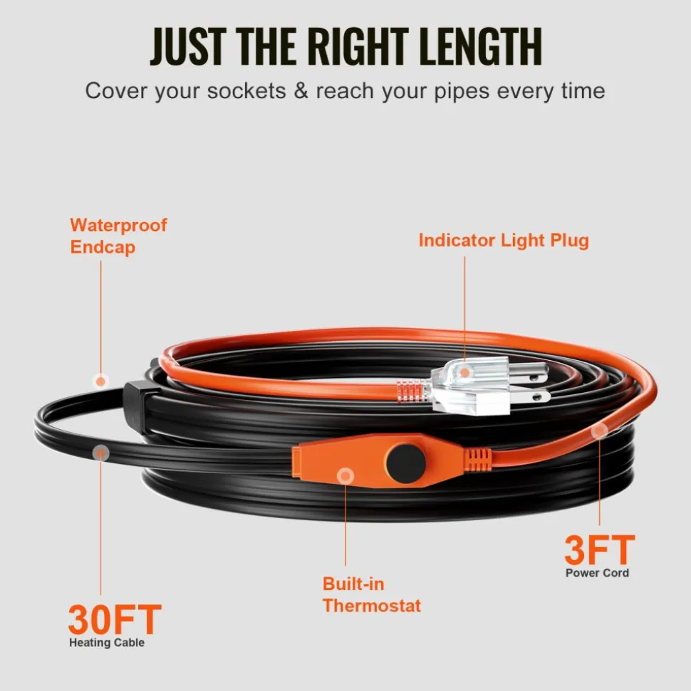 VEVOR Pipe Heating Cable, 30FT 7W/FT Heat Tape for Pipes with Built-in Thermostat, Water Pipe Heat Cable Protects PVC Hose, Metal and Plastic Pipe from Freezing