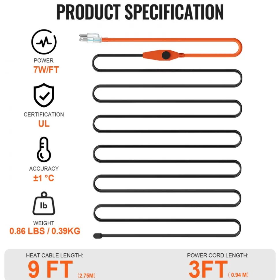 VEVOR Pipe Heating Cable, 9FT 7W/FT Heat Tape for Pipes with Built-in Thermostat, Water Pipe Heat Cable Protects PVC Hose, Metal and Plastic Pipe from Freezing
