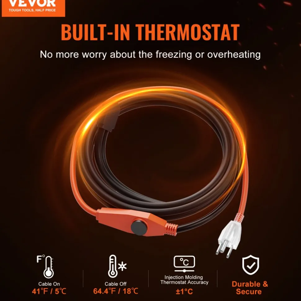 VEVOR Pipe Heating Cable, 3FT 7W/FT Heat Tape for Pipes with Built-in Thermostat, Water Pipe Heat Cable Protects PVC Hose, Metal and Plastic Pipe from Freezing
