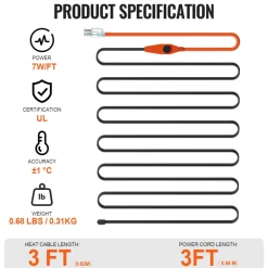 VEVOR Pipe Heating Cable, 3FT 7W/FT Heat Tape for Pipes with Built-in Thermostat, Water Pipe Heat Cable Protects PVC Hose, Metal and Plastic Pipe from Freezing