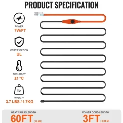 VEVOR Pipe Heating Cable, 60FT 7W/FT Heat Tape for Pipes with Built-in Thermostat, Water Pipe Heat Cable Protects PVC Hose, Metal and Plastic Pipe from Freezing