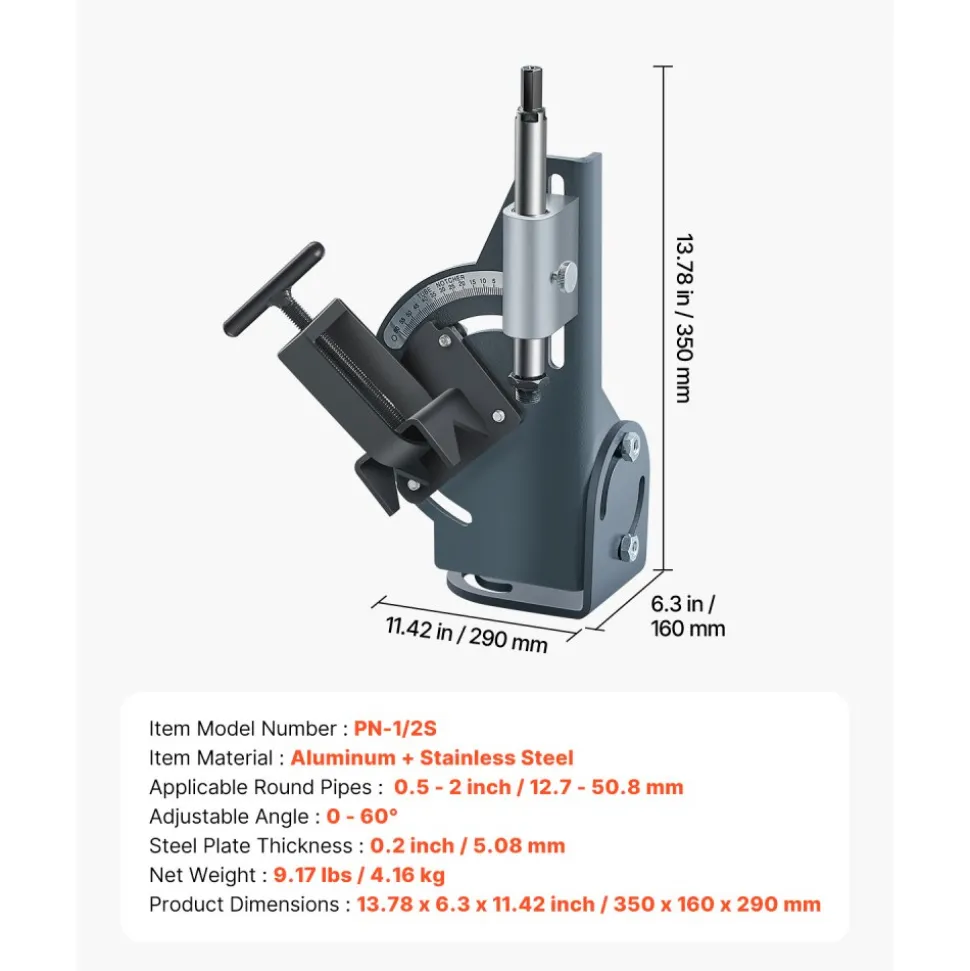 VEVOR Pipe Notcher, 1/2 to 2-inch Tubing Notcher with 0 to 60° Adjustable Angle, Pipe and Tube Notching Tool for Repair Shops, Home Projects, Metalworking