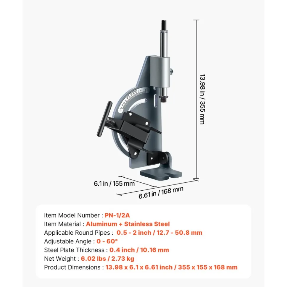 VEVOR Pipe Notcher, Tubing Notcher for 1/2 to 2-inch Pipes, Pipe & Tube Notcher with 0 to 60° Adjustable Angle for Metal, PVC, Wood Pipes, Ideal for Repair Shops, Home Projects, Metalworking