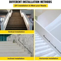 VEVOR Pipe Stair Handrail, 9FT Staircase Handrail, 440LBS Load Capacity Carbon Steel Pipe Handrail, Industrial Pipe Handrail with Wall Mount Support, Round Corner Wall Handrailings for Indoor, Outdoor
