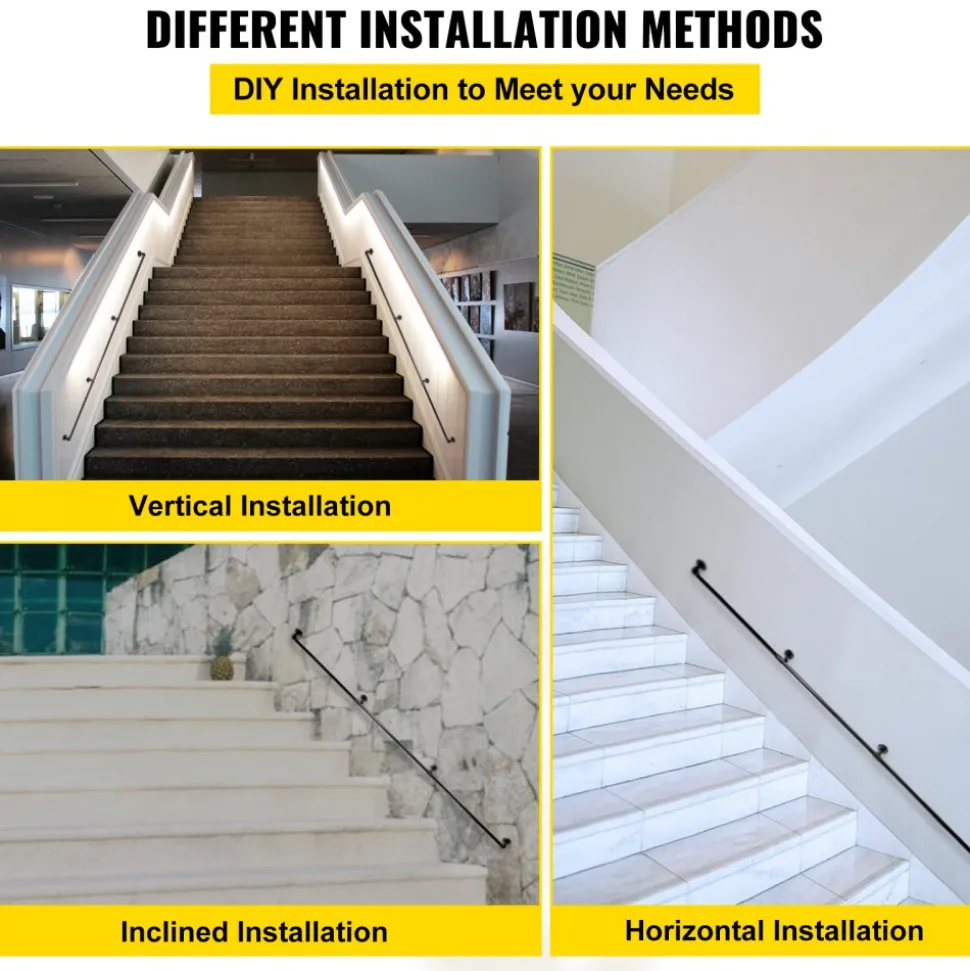VEVOR Pipe Stair Handrail, 9FT Staircase Handrail, 440LBS Load Capacity Carbon Steel Pipe Handrail, Industrial Pipe Handrail with Wall Mount Support, Round Corner Wall Handrailings for Indoor, Outdoor