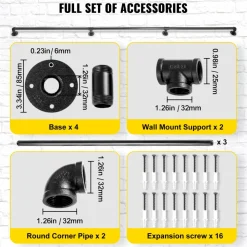 VEVOR Pipe Stair Handrail, 9FT Staircase Handrail, 440LBS Load Capacity Carbon Steel Pipe Handrail, Industrial Pipe Handrail with Wall Mount Support, Round Corner Wall Handrailings for Indoor, Outdoor