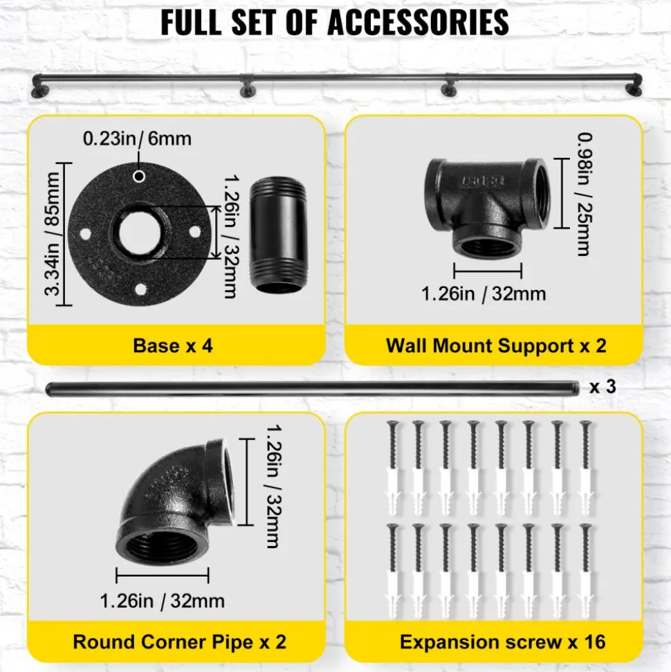 VEVOR Pipe Stair Handrail, 9FT Staircase Handrail, 440LBS Load Capacity Carbon Steel Pipe Handrail, Industrial Pipe Handrail with Wall Mount Support, Round Corner Wall Handrailings for Indoor, Outdoor