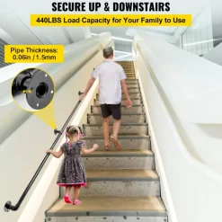 VEVOR Pipe Stair Handrail, 9FT Staircase Handrail, 440LBS Load Capacity Carbon Steel Pipe Handrail, Industrial Pipe Handrail with Wall Mount Support, Round Corner Wall Handrailings for Indoor, Outdoor