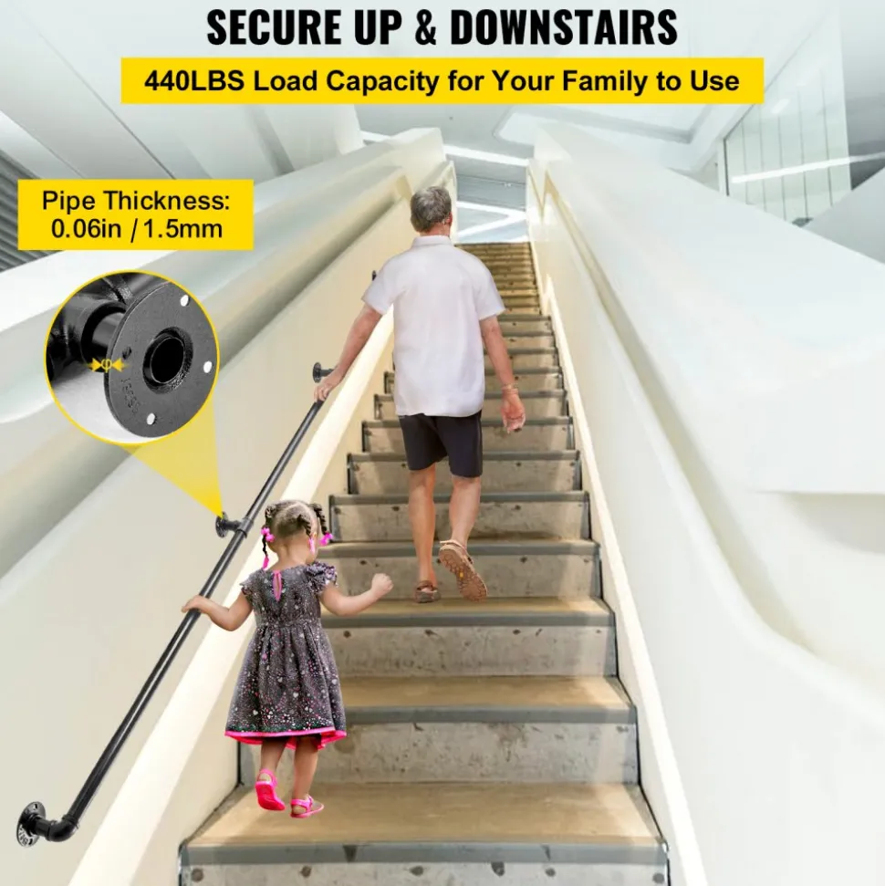 VEVOR Pipe Stair Handrail, 9FT Staircase Handrail, 440LBS Load Capacity Carbon Steel Pipe Handrail, Industrial Pipe Handrail with Wall Mount Support, Round Corner Wall Handrailings for Indoor, Outdoor