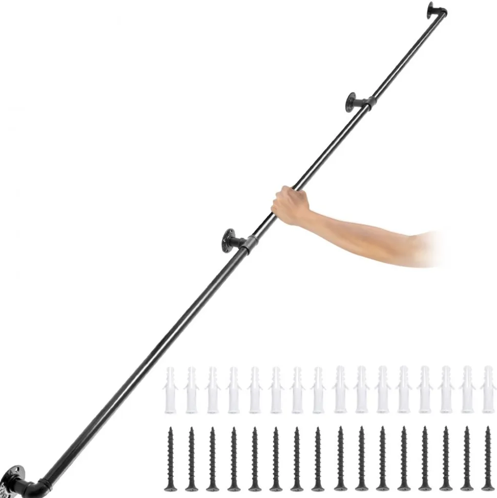 VEVOR Pipe Stair Handrail, 9FT Staircase Handrail, 440LBS Load Capacity Carbon Steel Pipe Handrail, Industrial Pipe Handrail with Wall Mount Support, Round Corner Wall Handrailings for Indoor, Outdoor