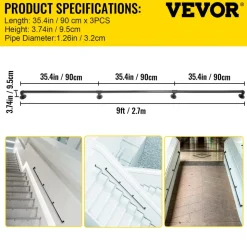 VEVOR Pipe Stair Handrail, 9FT Staircase Handrail, 440LBS Load Capacity Carbon Steel Pipe Handrail, Industrial Pipe Handrail with Wall Mount Support, Round Corner Wall Handrailings for Indoor, Outdoor
