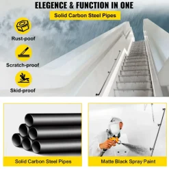VEVOR Pipe Stair Handrail, 9FT Staircase Handrail, 440LBS Load Capacity Carbon Steel Pipe Handrail, Industrial Pipe Handrail with Wall Mount Support, Round Corner Wall Handrailings for Indoor, Outdoor