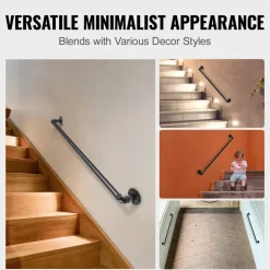 VEVOR Pipe Stair Handrail, 3FT Staircase Handrail, 440LBS Load Capacity Carbon Steel Pipe Handrail, Industrial Pipe Handrail with Wall Mount Support, Round Corner Wall Handrailings for Indoor, Outdoor