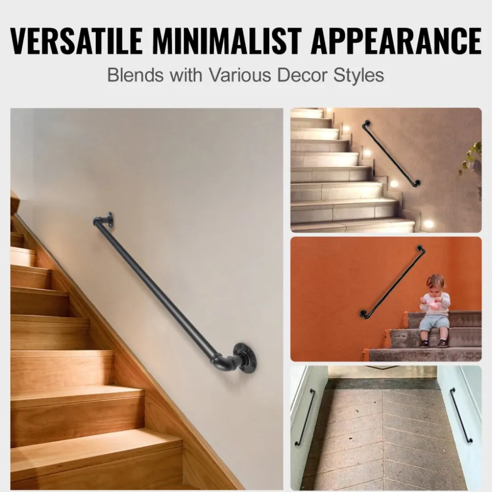 VEVOR Pipe Stair Handrail, 3FT Staircase Handrail, 440LBS Load Capacity Carbon Steel Pipe Handrail, Industrial Pipe Handrail with Wall Mount Support, Round Corner Wall Handrailings for Indoor, Outdoor
