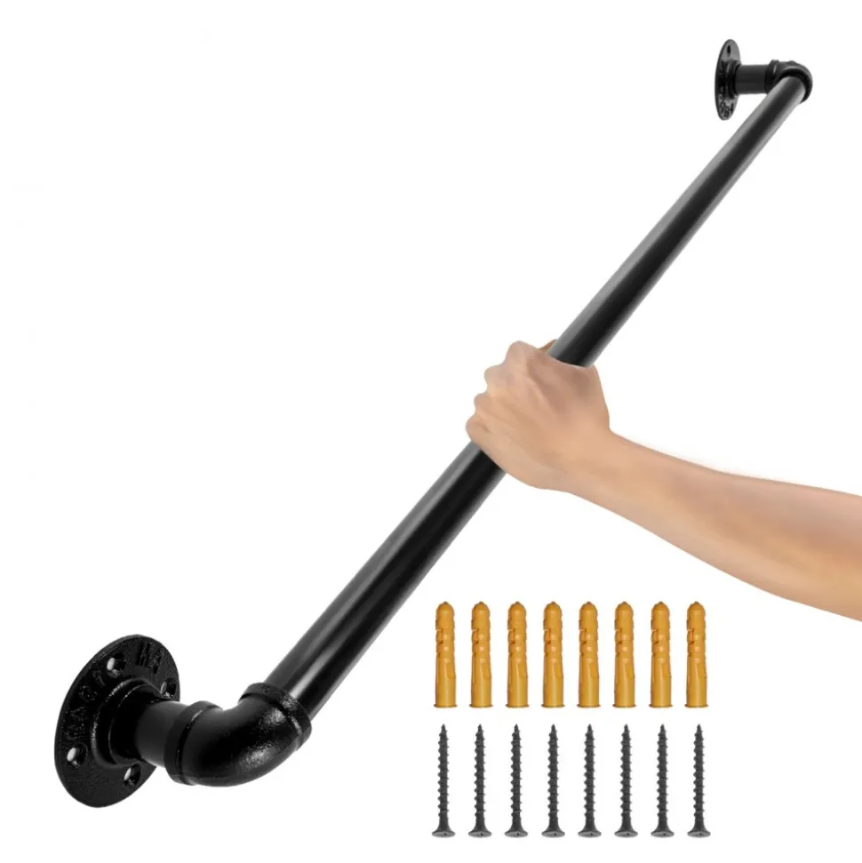 VEVOR Pipe Stair Handrail, 3FT Staircase Handrail, 440LBS Load Capacity Carbon Steel Pipe Handrail, Industrial Pipe Handrail with Wall Mount Support, Round Corner Wall Handrailings for Indoor, Outdoor